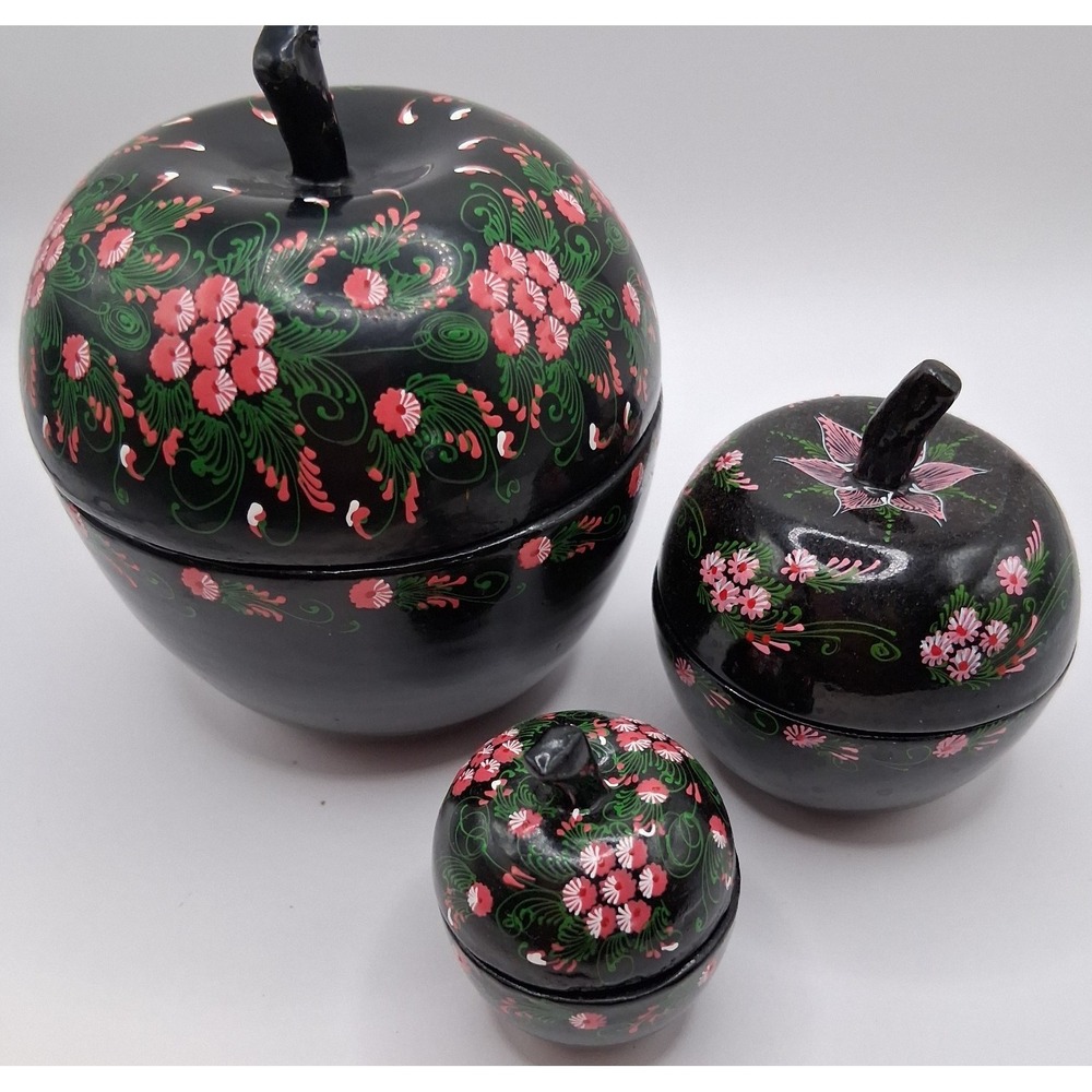 Vintage Hand Turned Wood Apple Nesting Boxes Kashmiri Lacquerware Floral Trinket